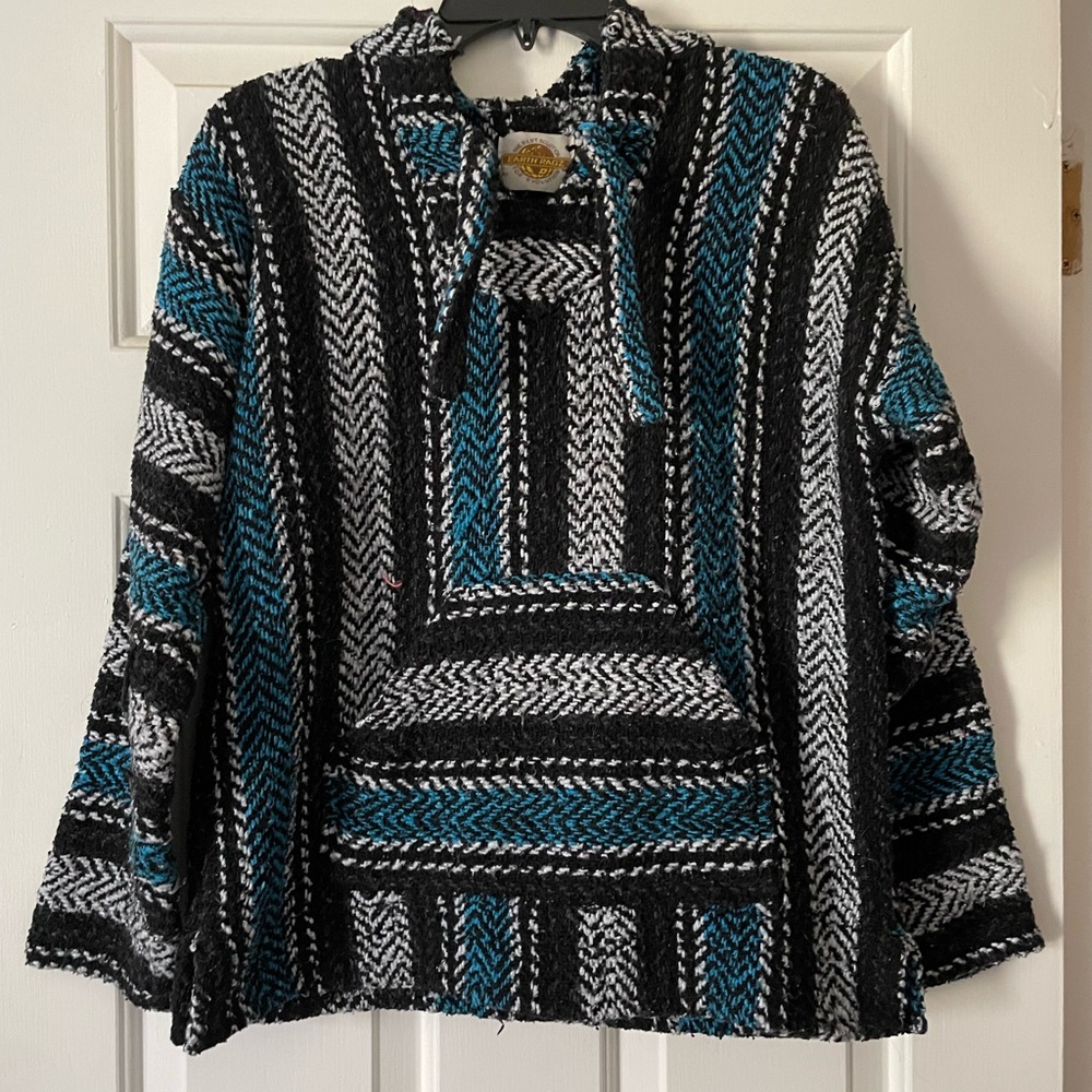 Striped Baja Hoodie in Black, White, and Teal